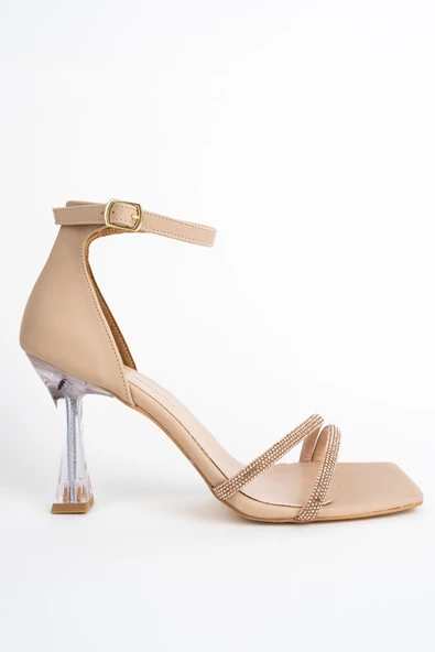 Pretty Şeffaf Topuklu Ten Rengi Taşlı Abiye Ayakkabı - 2