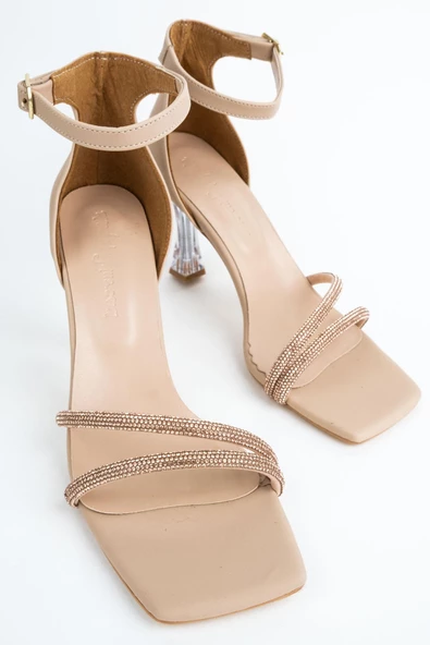 Pretty Şeffaf Topuklu Ten Rengi Taşlı Abiye Ayakkabı - 4