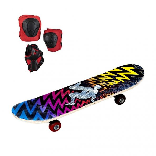 Renkli Çizgi Desenli 60 Cm Kaykay + Koruyucu Set - Çocuk Kaykayı - Kaymaz Yüzel Skate Boy SkateBoard