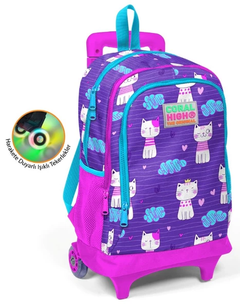 Coral High Kedi Baskılı Baskılı Çekçek Okul Çantası - Işıklı Tekerlekler