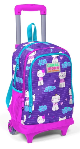 Coral High Kedi Baskılı Baskılı Çekçek Okul Çantası - Işıklı Tekerlekler - 2