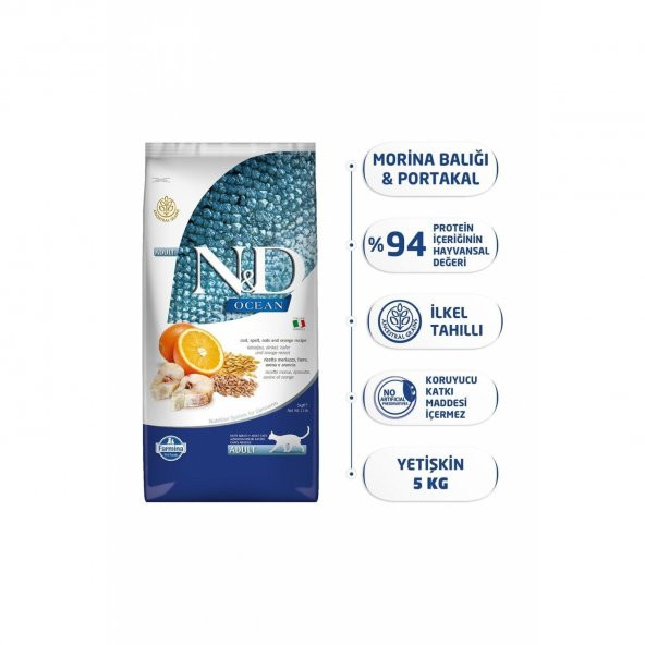 N&D Ocean Düşük Tahıllı Morina Balıklı ve Portakallı Yetişkin kedi maması- 5 kg - 2