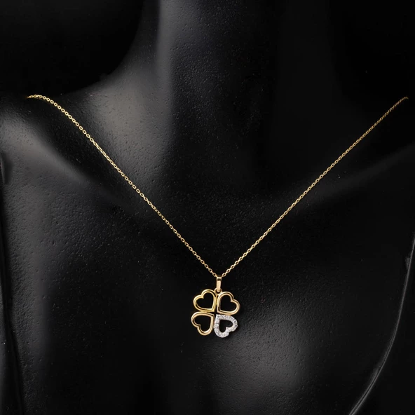 14 Ayar Altın Kalp Yonca Kolye - Resim 2