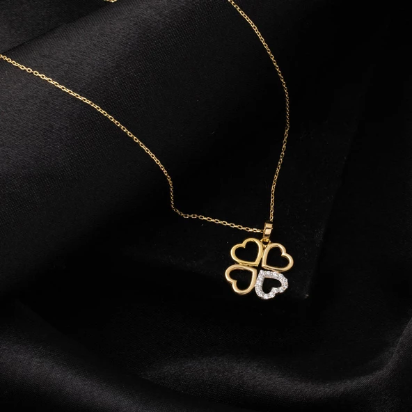 14 Ayar Altın Kalp Yonca Kolye - Resim 4