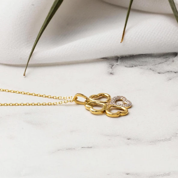 14 Ayar Altın Kalp Yonca Kolye - Resim 5