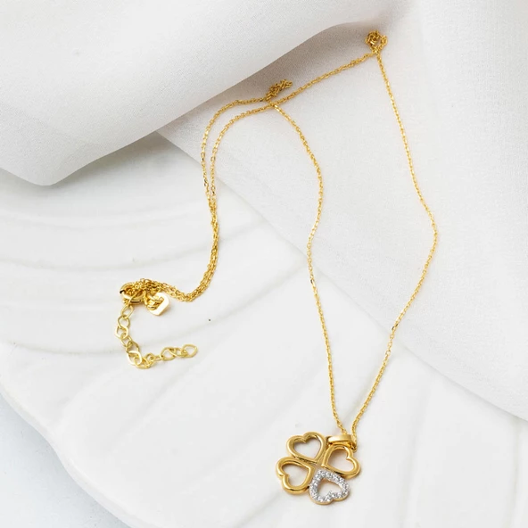 14 Ayar Altın Kalp Yonca Kolye - Resim 3