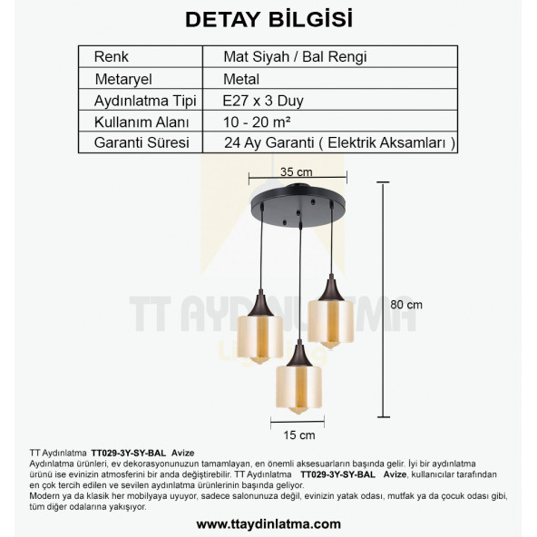 TT Aydınlatma TT029-3Y-SY-BAL  Mat Siyah - Bal 3 lü Yuvarlak Aviz - 4