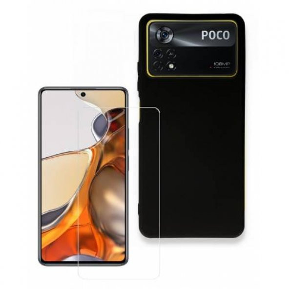 Xiaomi Poco X4 Pro 5G Kılıf Silikon Siyah + Temperli Kırılmaz Cam Ekran Koruyucu