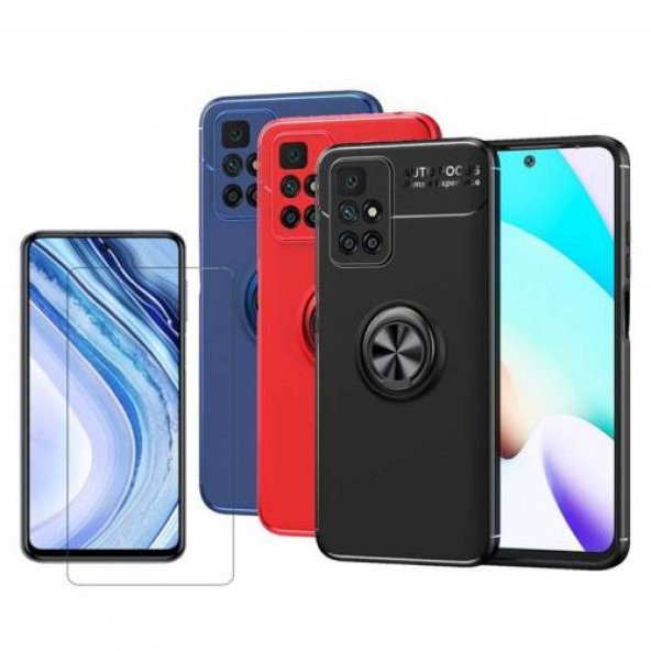 Xiaomi Redmi 10 Kılıf Silikon Ravel Yüzüklü Standlı Kamera Korumalı + Cam - 1
