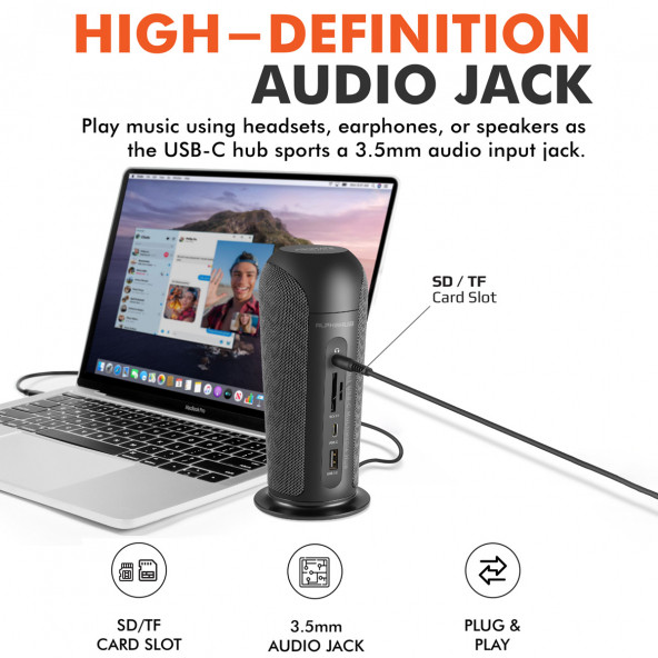Promate AlphaHub USB Hub İstasyon + 5 Watt Bluetooth Hoparlör Type-c 87w 1gbps, Aux 3 Usb Sd/micro Sd 4k Hdmı, Vga - 6