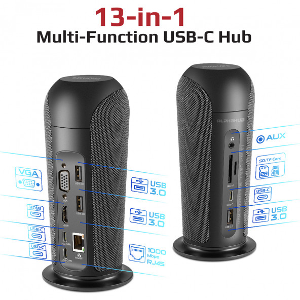 Promate AlphaHub USB Hub İstasyon + 5 Watt Bluetooth Hoparlör Type-c 87w 1gbps, Aux 3 Usb Sd/micro Sd 4k Hdmı, Vga - 8