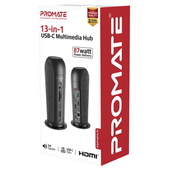 Promate AlphaHub USB Hub İstasyon + 5 Watt Bluetooth Hoparlör Type-c 87w 1gbps, Aux 3 Usb Sd/micro Sd 4k Hdmı, Vga - 9