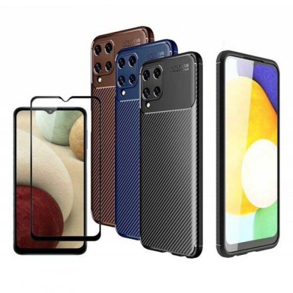 Samsung Galaxy A22 Kılıf Silikon Negro Karbon Desen Kamera Korumalı+Ekran Koruyucu Cam