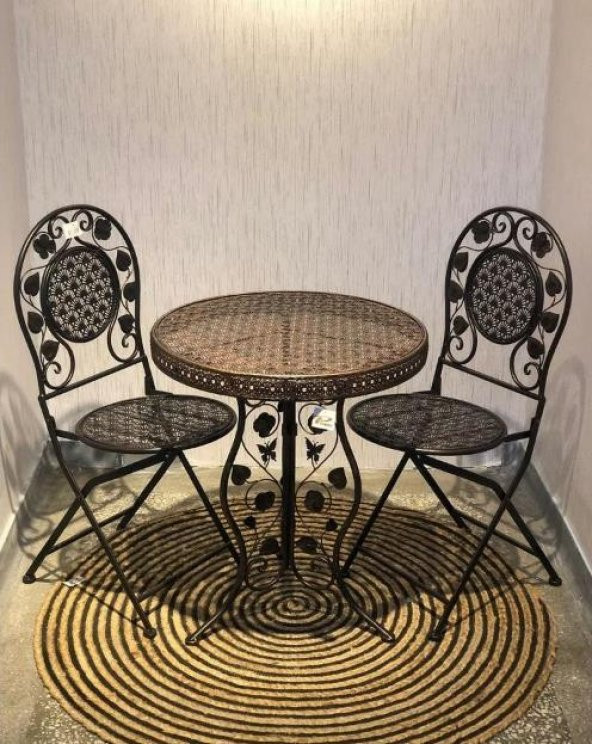 Panalı Ferforje Metal Masa Sandalye Seti Kahve