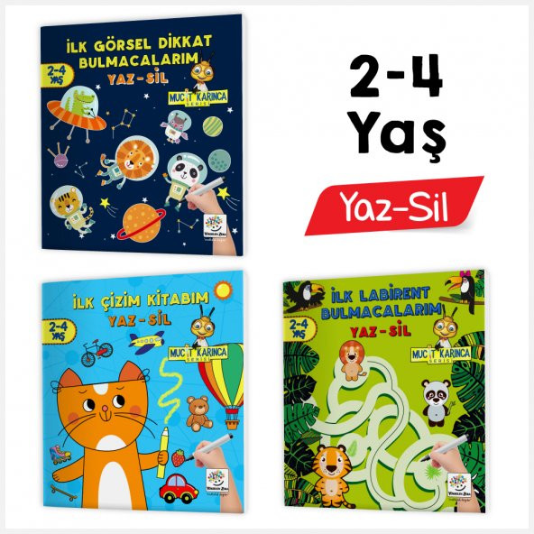 Yükselen Zeka 2-4 Yaş Mucit Karınca YAZ-SİL Kitaplar (İlk Kalem, Çizim, Eğlenceli Labirentler, Görsel Dikkat Geliştirme Kitabım)
