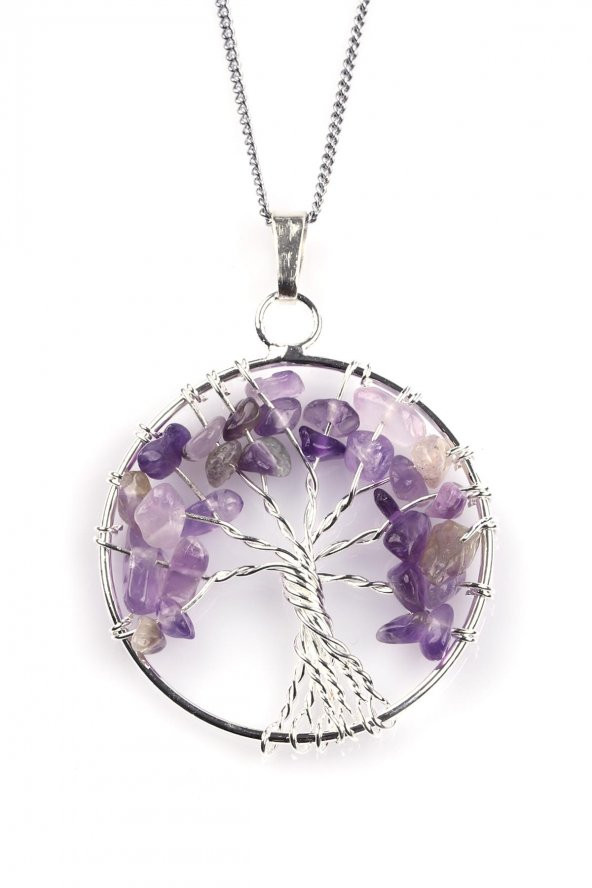 Ametist Doğal Taş Hayat Ağacı Tel Sarmalı Kolye