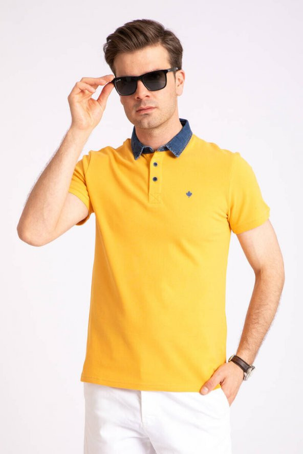 Erkek Polo Yaka Kot Detaylı T-Shirt Hardal