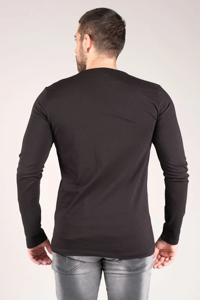 Erkek Sıfır Yaka Uzun Kol Basic T-Shirt Siyah - 3