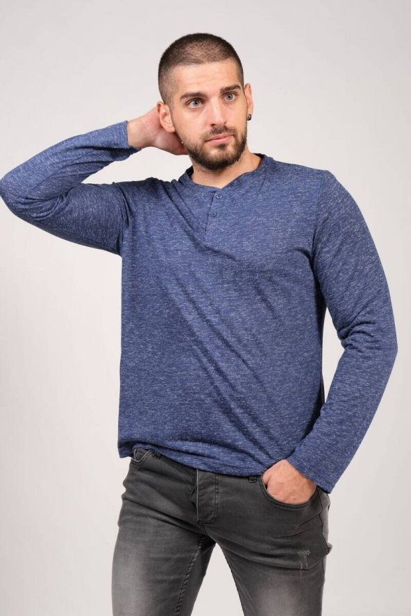 Erkek Kırçıllı Uzun Kol Basic T-Shirt İndigo