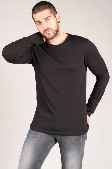 Erkek Sıfır Yaka Uzun Kol Basic T-Shirt Siyah - 2