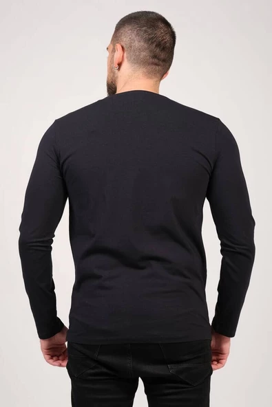 Erkek Sıfır Yaka Uzun Kol Basic T-Shirt Lacivert - 3