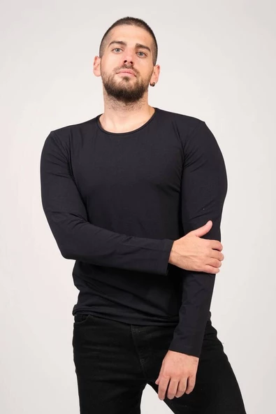 Erkek Sıfır Yaka Uzun Kol Basic T-Shirt Lacivert - 2