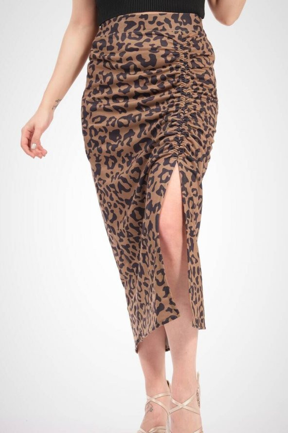 Kadın Büzgülü Yırtmaçlı Etek Camel - 2