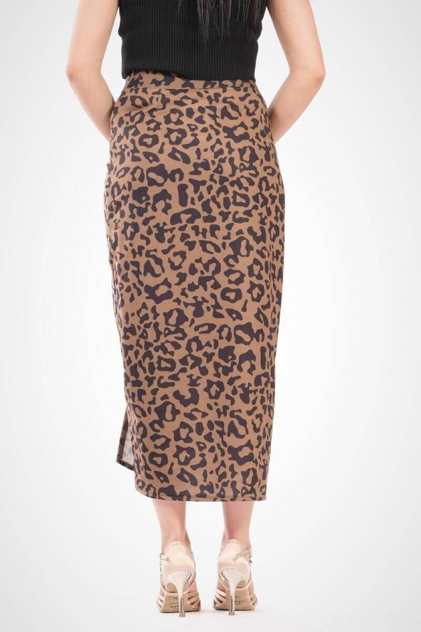 Kadın Büzgülü Yırtmaçlı Etek Camel - 3