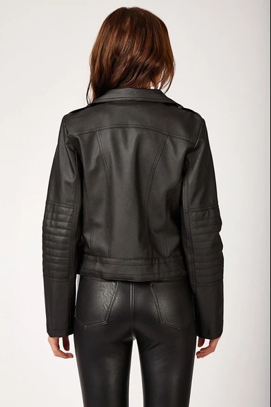 Kadın Suni Deri Biker Mont Siyah - 4