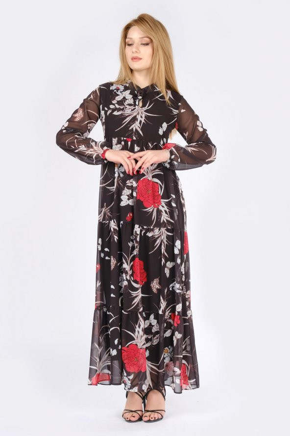 Kadın Desenli Şifon Elbise Kırmızı - 2