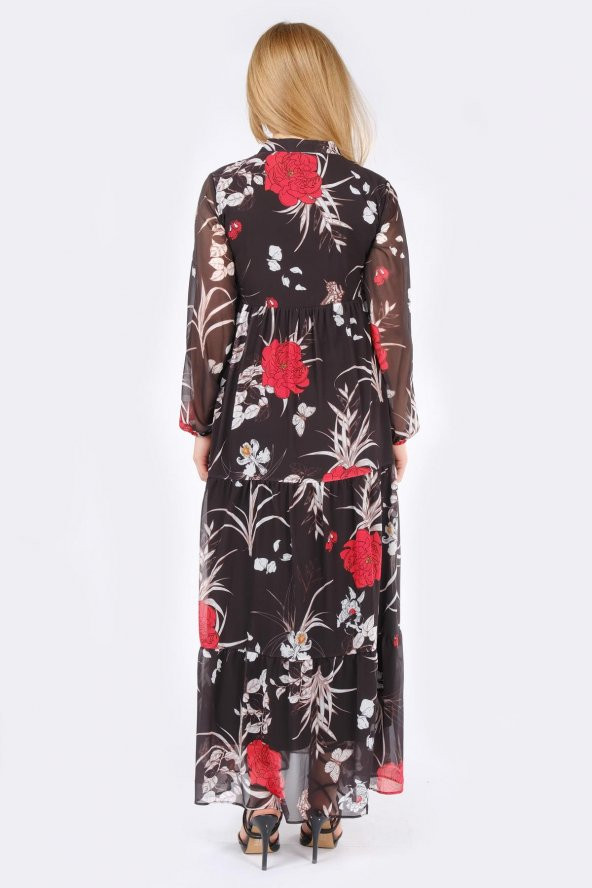 Kadın Desenli Şifon Elbise Kırmızı - 3