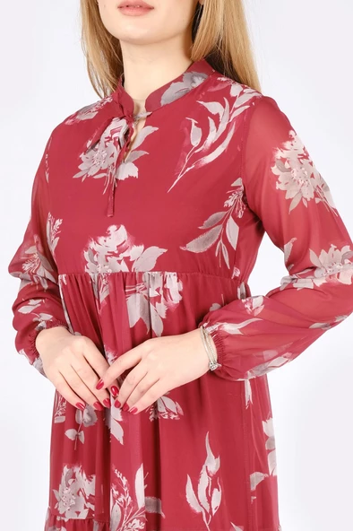 Kadın Desenli Şifon Elbise Bordo - 4