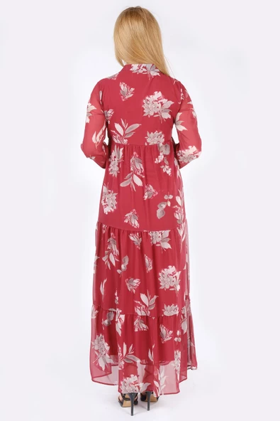 Kadın Desenli Şifon Elbise Bordo - 3