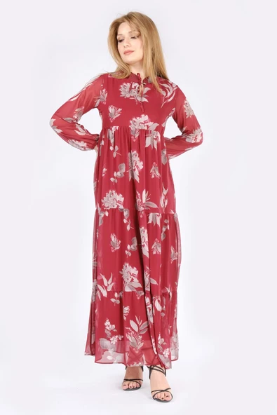 Kadın Desenli Şifon Elbise Bordo - 2