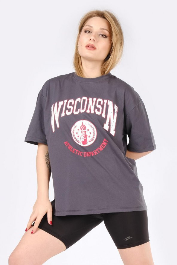 Kadın Wisconsin Baskılı T-Shirt Antrasit