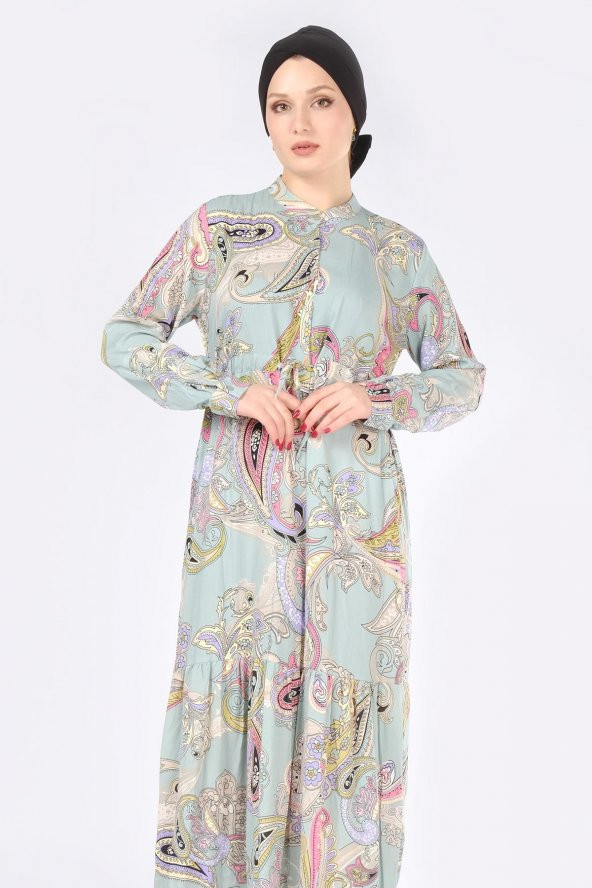 Kadın Desenli Uzun Elbise Çağla - 2