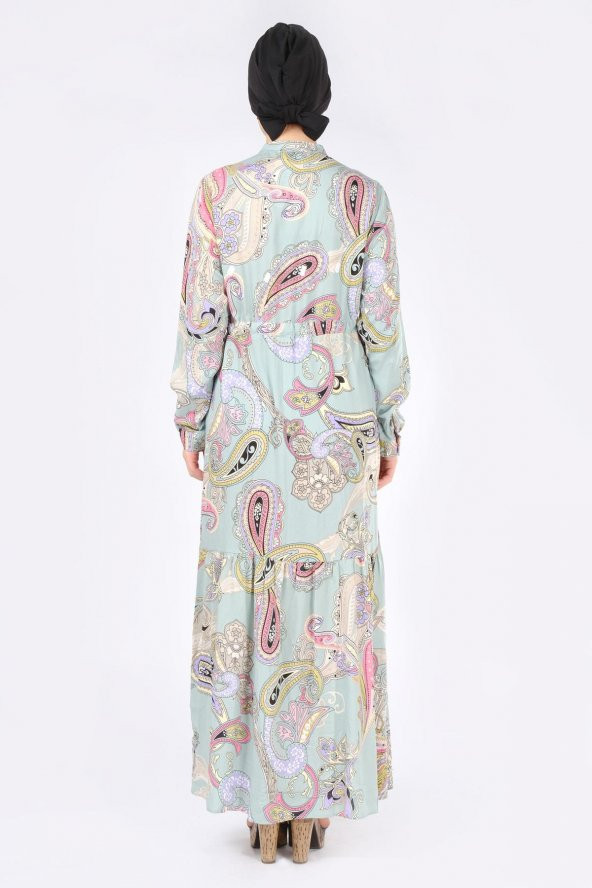 Kadın Desenli Uzun Elbise Çağla - 3