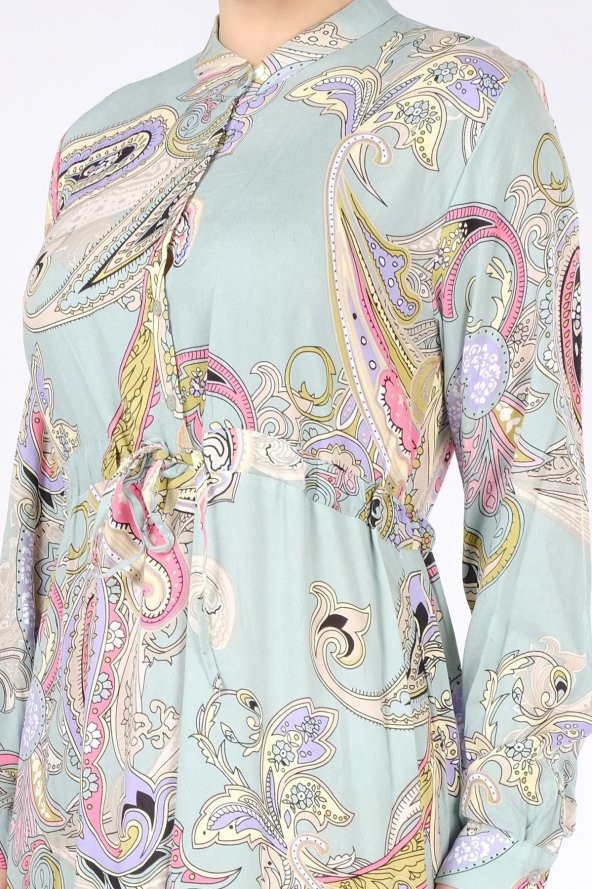 Kadın Desenli Uzun Elbise Çağla - 4