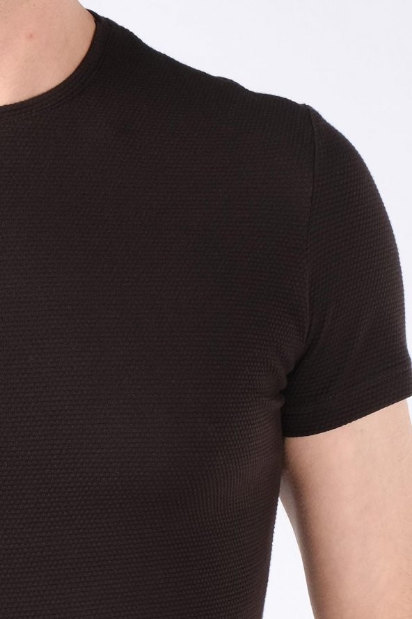 Erkek Sıfır Yaka Petek Dokuma T-Shirt Siyah - 4