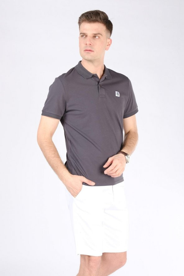 Erkek Polo Yaka Gül Baskılı T-Shirt Antrasit - 2