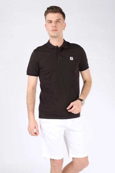 Erkek Polo Yaka Gül Baskılı T-Shirt Siyah