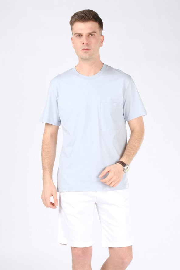 Erkek Sıfır Yaka Cepli T-Shirt Açık Mavi