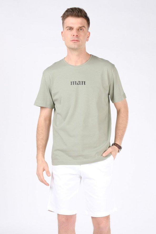 Erkek Sıfır Yaka Man Baskı T-Shirt Çağla