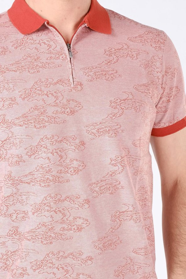 Erkek Fermuarlı Polo Yaka T-Shirt Kiremit - 4