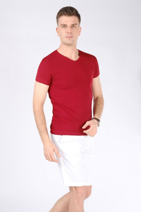 Erkek V Yaka T-Shirt Bordo