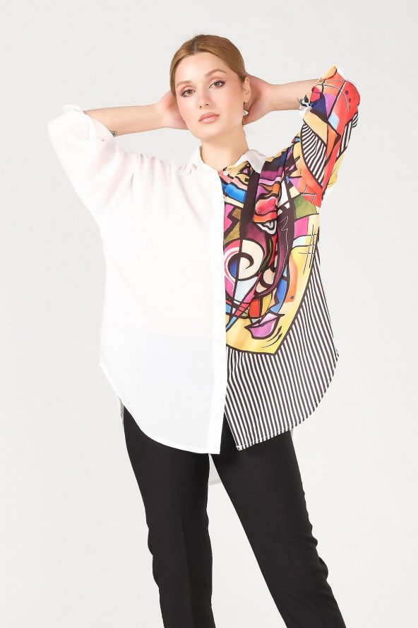 Kadın Dijital Baskı Oversize Gömlek Ekru - 3