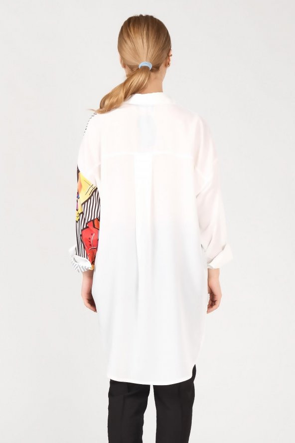 Kadın Dijital Baskı Oversize Gömlek Ekru - 4