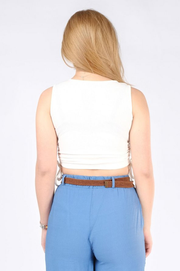 Kadın Yan Büzgülü Crop Body Ekru - 3