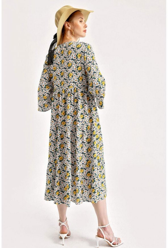 Kadın Çiçek  Desenli Volanlı Elbise Sarı - 3