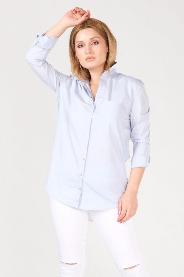 Kadın Cep Detaylı Oversize Gömlek Mavi